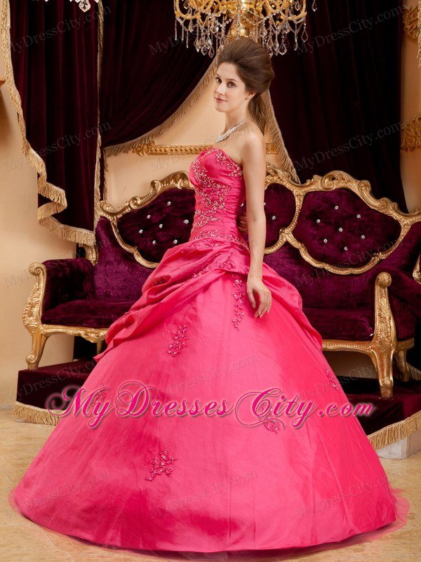 Coral Red Strapless Floor-length Appliques Quinceanera Dress