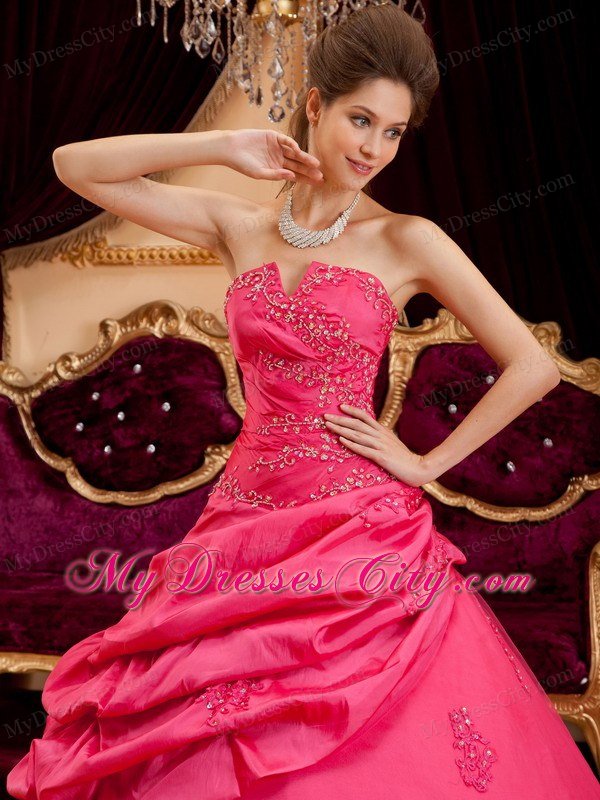 Coral Red Strapless Floor-length Appliques Quinceanera Dress