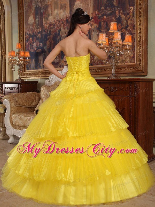 Appliques and Ruffled Layers Strapless Yellow Quinceanera Dress