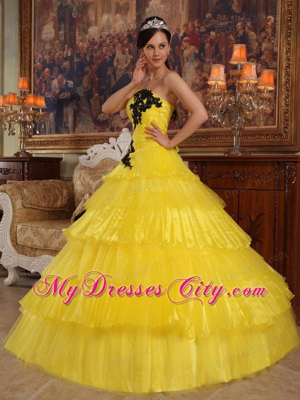 Appliques and Ruffled Layers Strapless Yellow Quinceanera Dress