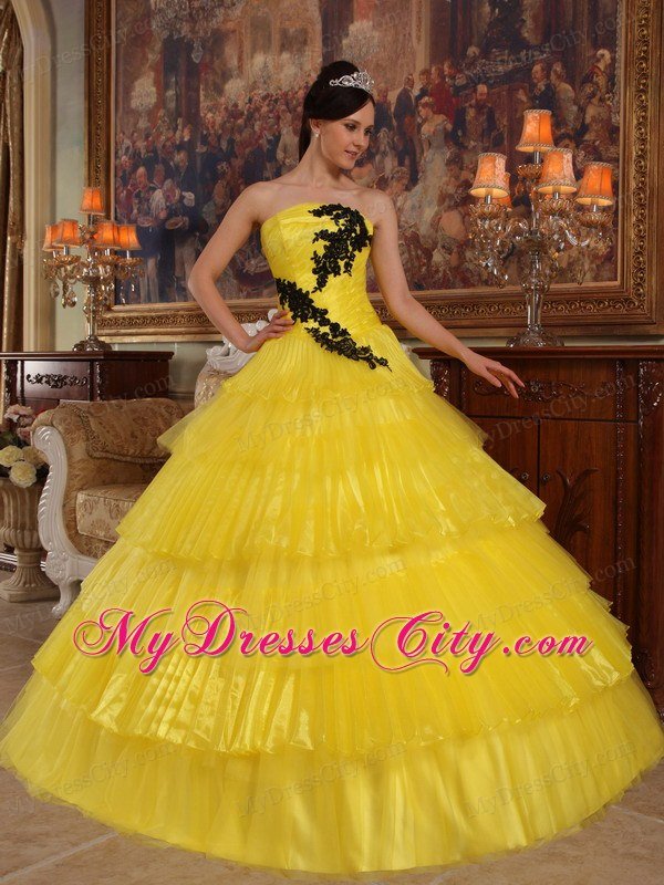 Appliques and Ruffled Layers Strapless Yellow Quinceanera Dress