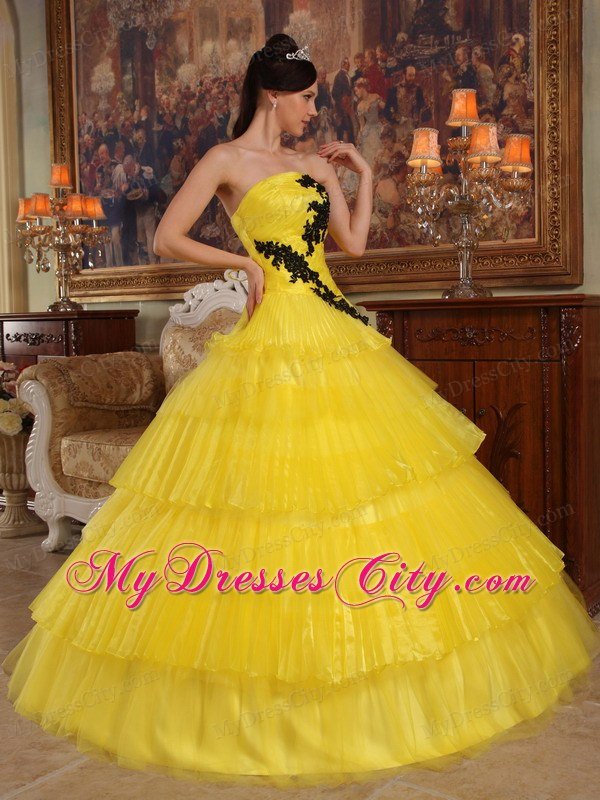 Appliques and Ruffled Layers Strapless Yellow Quinceanera Dress