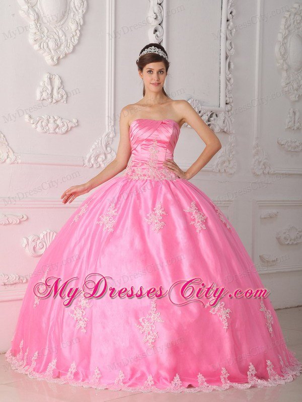 Pink Strapless Lace Appliques 2013 Pretty Quinceanera Dress