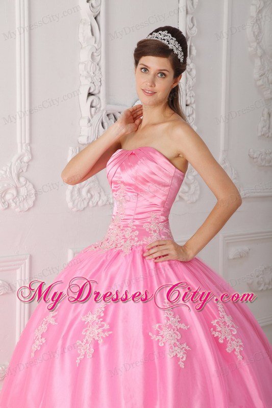 Pink Strapless Lace Appliques 2013 Pretty Quinceanera Dress