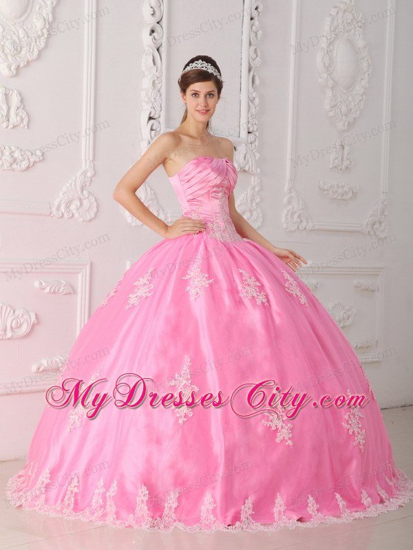 Pink Strapless Lace Appliques 2013 Pretty Quinceanera Dress