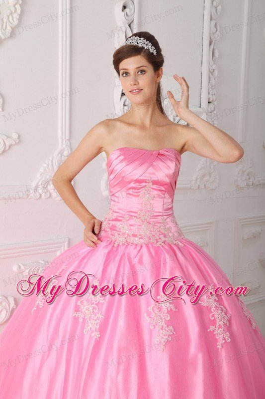 Pink Strapless Lace Appliques 2013 Pretty Quinceanera Dress