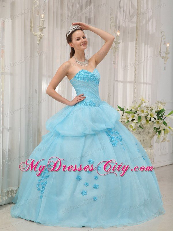 Elegant Sweetheart Ruching Appliques Light Blue Quinceanera Dress