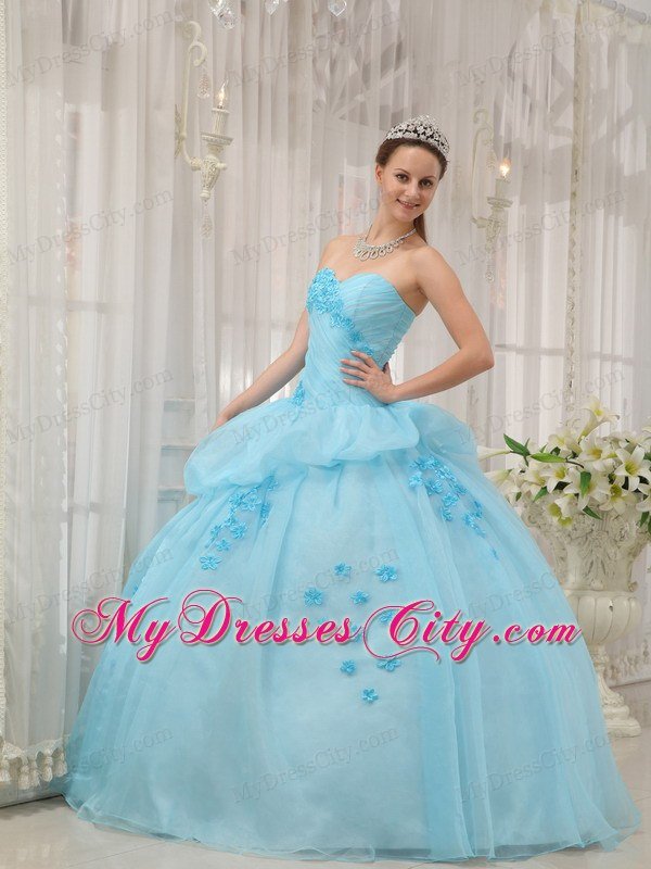 Elegant Sweetheart Ruching Appliques Light Blue Quinceanera Dress