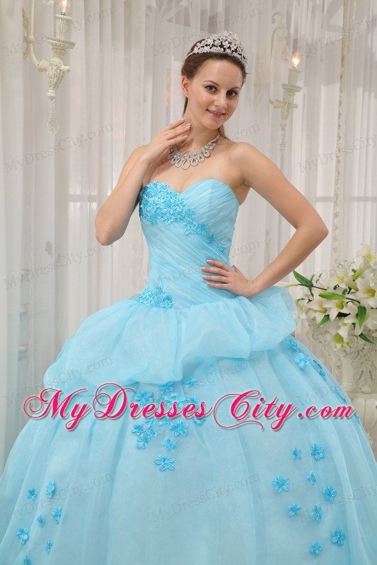 Elegant Sweetheart Ruching Appliques Light Blue Quinceanera Dress