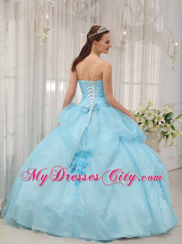 Elegant Sweetheart Ruching Appliques Light Blue Quinceanera Dress