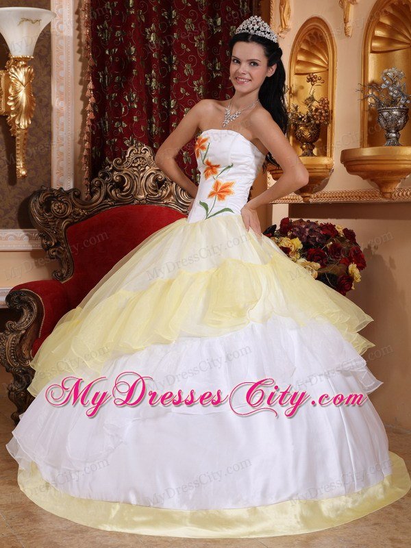 Light Yellow and White Strapless Embroidery Lace up Quinceanera Dress