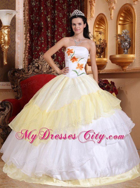 Light Yellow and White Strapless Embroidery Lace up Quinceanera Dress