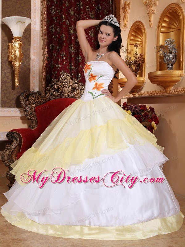 Light Yellow and White Strapless Embroidery Lace up Quinceanera Dress