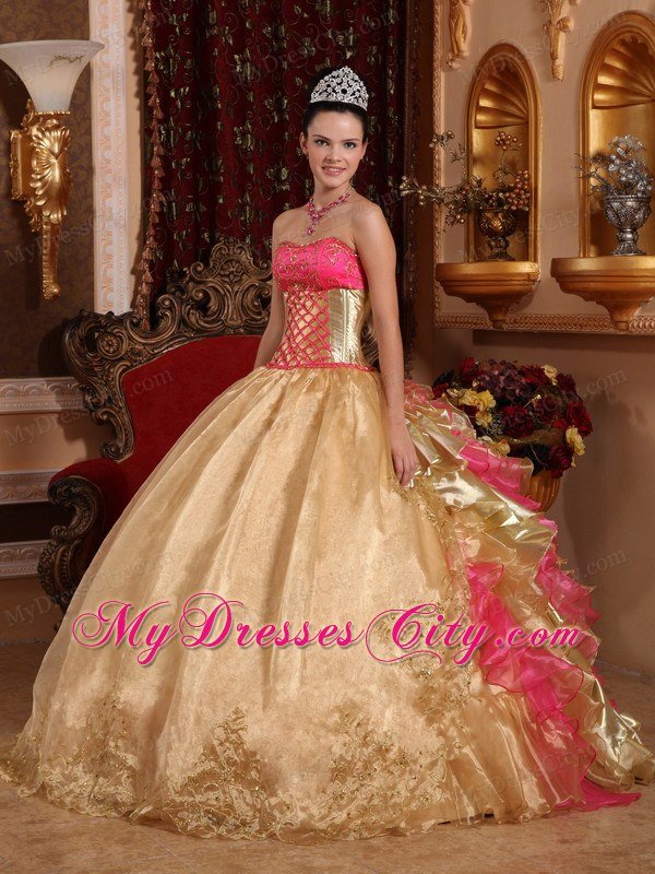 Gold Strapless Embroidery Ruffled 2013 Prefect Quinceanera Gowns