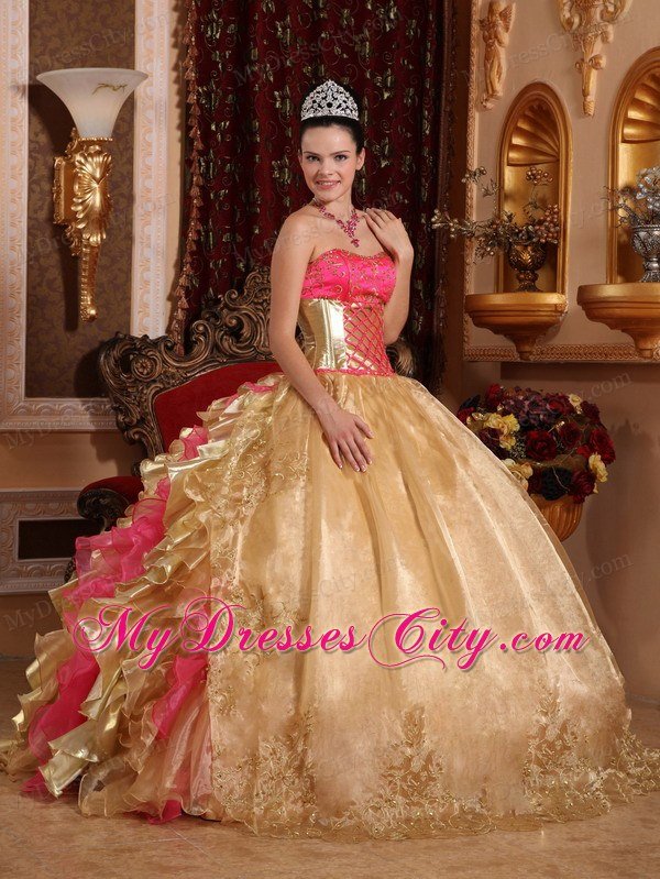 Gold Strapless Embroidery Ruffled 2013 Prefect Quinceanera Gowns