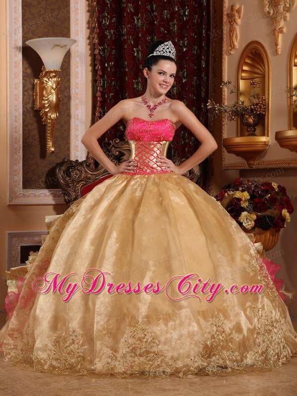 Gold Strapless Embroidery Ruffled 2013 Prefect Quinceanera Gowns