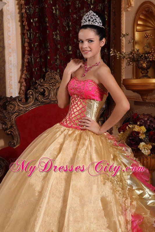 Gold Strapless Embroidery Ruffled 2013 Prefect Quinceanera Gowns