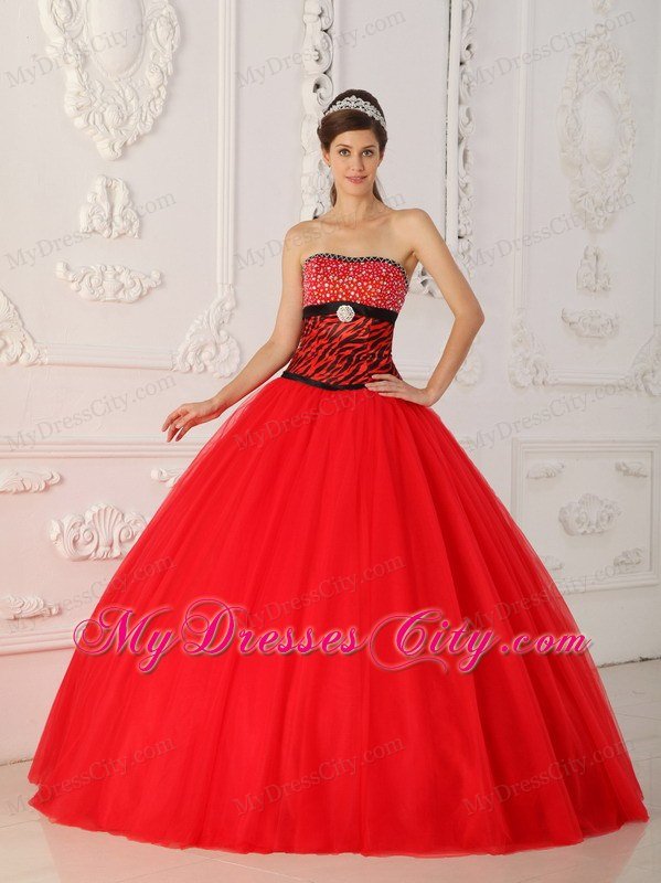 Red Zebra A-line Princess Strapless Beading Dress for Sweet 16