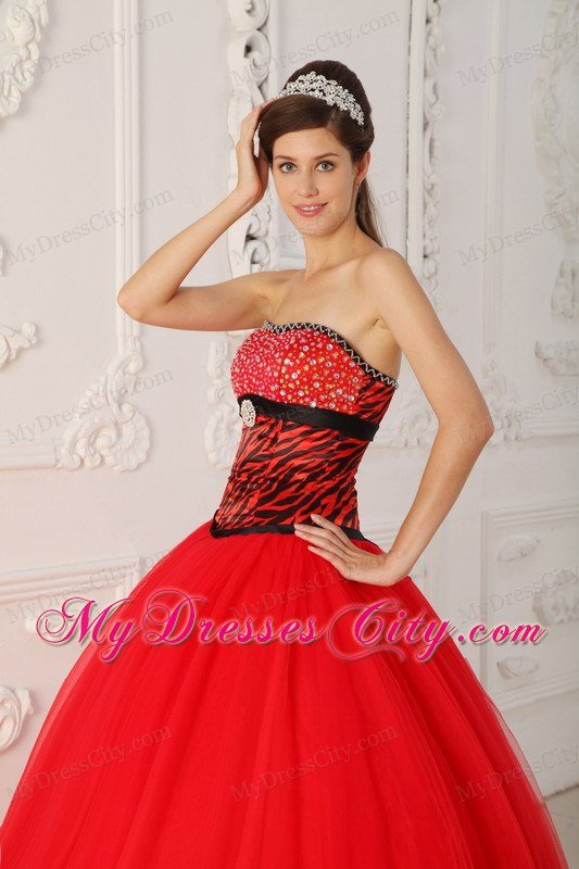 Red Zebra A-line Princess Strapless Beading Dress for Sweet 16