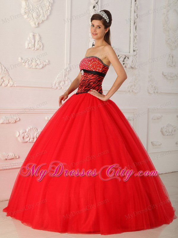 Red Zebra A-line Princess Strapless Beading Dress for Sweet 16