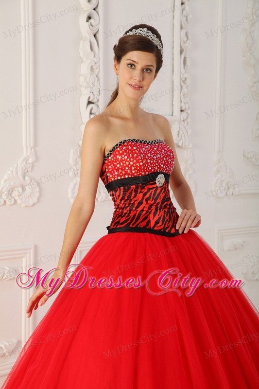 Red Zebra A-line Princess Strapless Beading Dress for Sweet 16