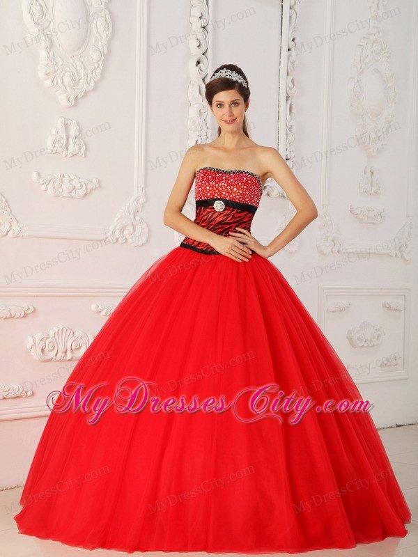 Red Zebra A-line Princess Strapless Beading Dress for Sweet 16