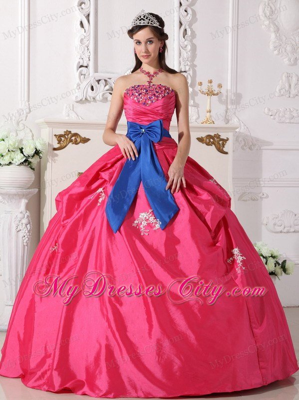 Ball Gown Strapless Beading Hot Pink Quinceanera Dress with Appliques