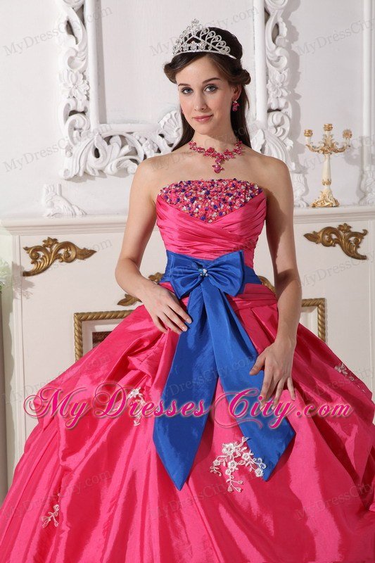 Ball Gown Strapless Beading Hot Pink Quinceanera Dress with Appliques