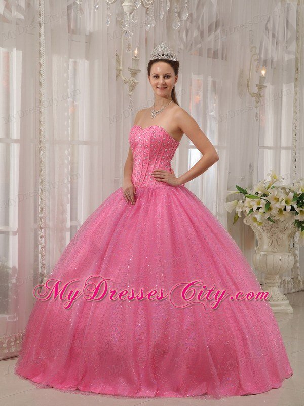 Pink Paillette Over Skirt Sweetheart Beading Cute Quinceanera Dress