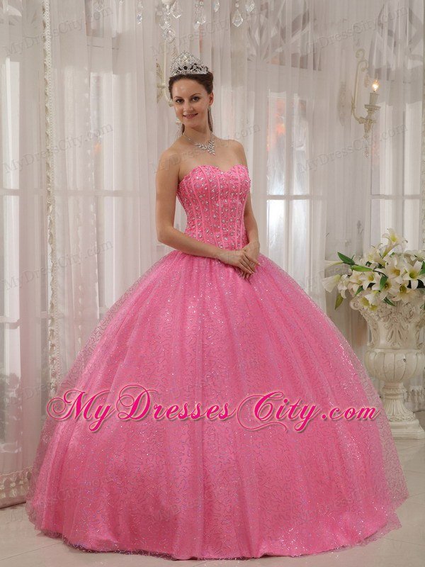 Pink Paillette Over Skirt Sweetheart Beading Cute Quinceanera Dress