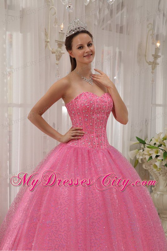 Pink Paillette Over Skirt Sweetheart Beading Cute Quinceanera Dress