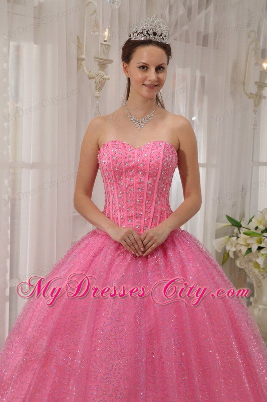 Pink Paillette Over Skirt Sweetheart Beading Cute Quinceanera Dress