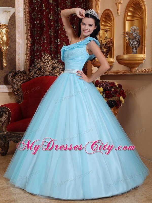 Floral One Shoulder Princess Ruching Light Blue Quinceanera Dress