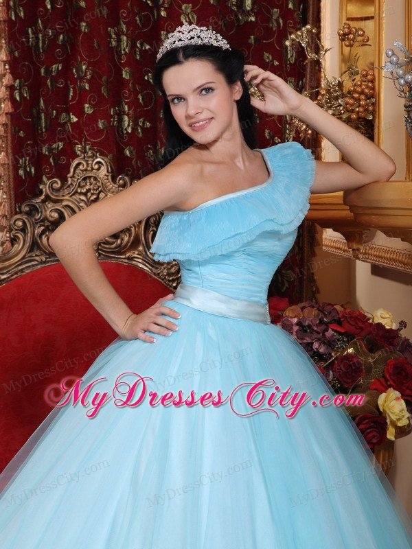 Floral One Shoulder Princess Ruching Light Blue Quinceanera Dress