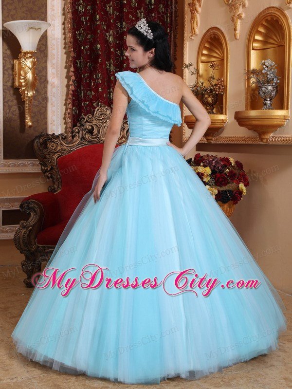 Floral One Shoulder Princess Ruching Light Blue Quinceanera Dress