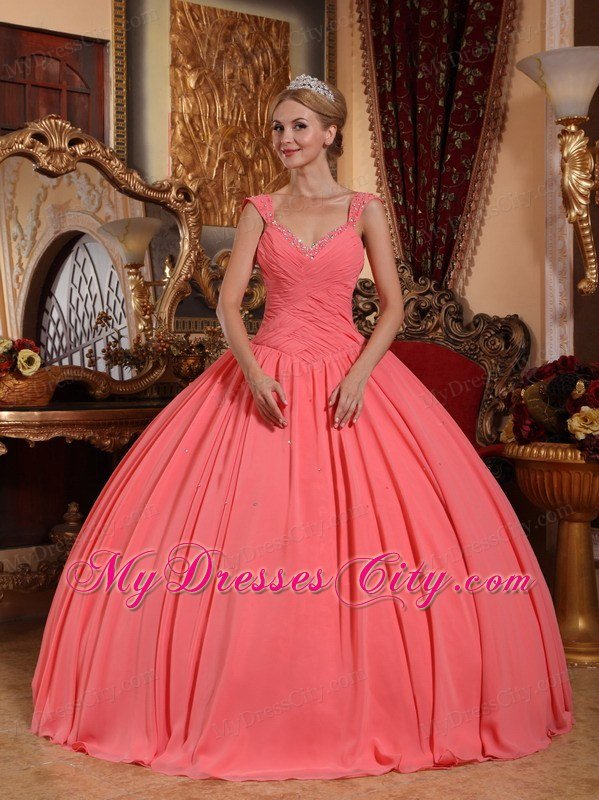 Chiffon Watermelon Pink Dresses for Quince with Beaded Neckline