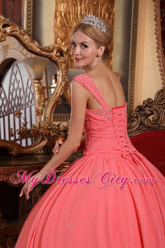 Chiffon Watermelon Pink Dresses for Quince with Beaded Neckline