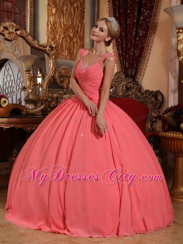 Chiffon Watermelon Pink Dresses for Quince with Beaded Neckline