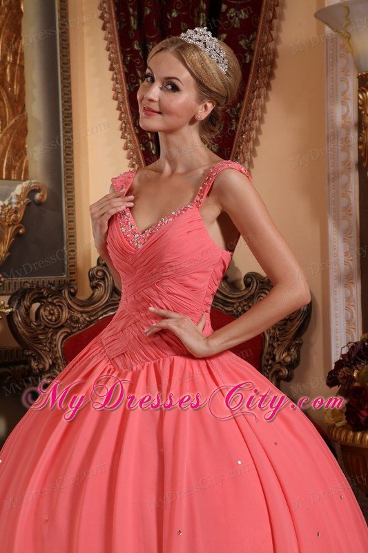 Chiffon Watermelon Pink Dresses for Quince with Beaded Neckline