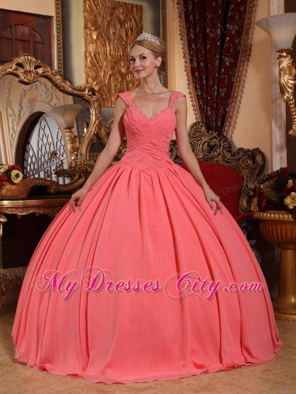 Chiffon Watermelon Pink Dresses for Quince with Beaded Neckline