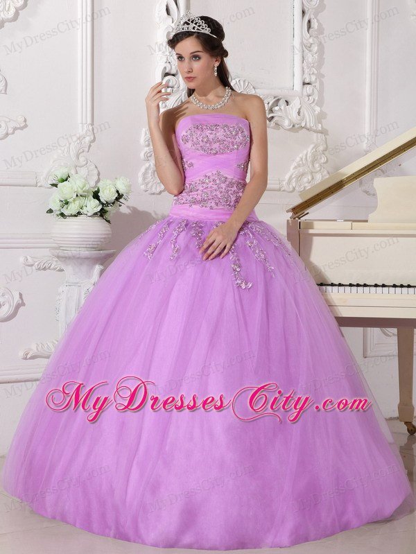 Full length Ball Gown Strapless Beading Lavender Quinceanera Dress