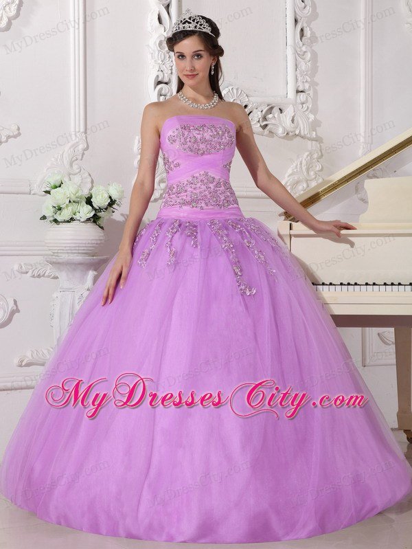 Full length Ball Gown Strapless Beading Lavender Quinceanera Dress