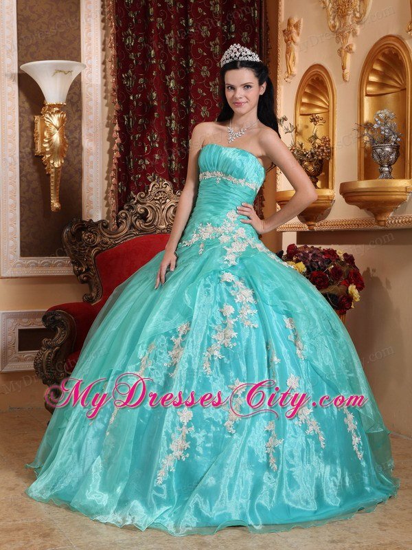 Beautiful Aqua Blue Strapless Ruching Appliques Quinceanera Dress