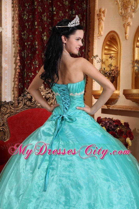 Beautiful Aqua Blue Strapless Ruching Appliques Quinceanera Dress