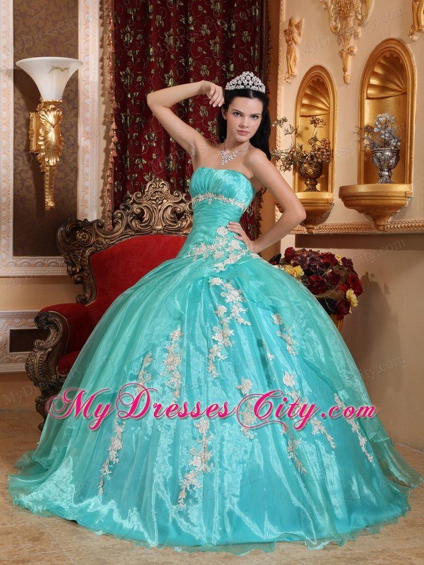 Beautiful Aqua Blue Strapless Ruching Appliques Quinceanera Dress