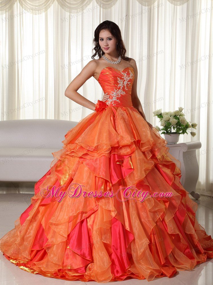 Orange Sweetheart Appliques Ruffles Natural Waist Quinceanera Dress