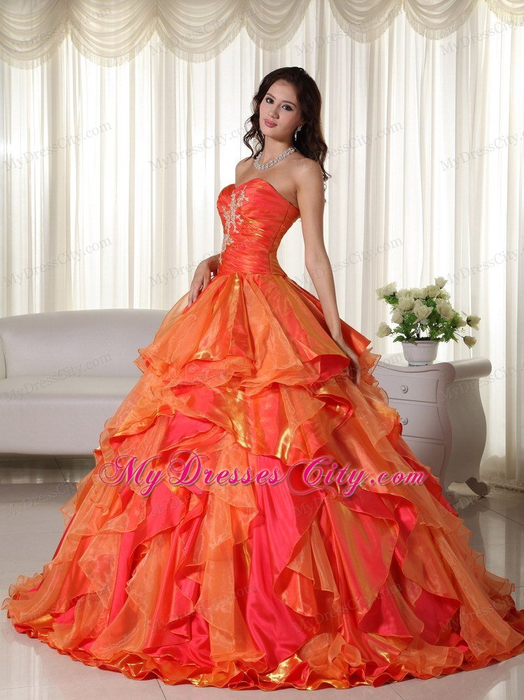 Orange Sweetheart Appliques Ruffles Natural Waist Quinceanera Dress