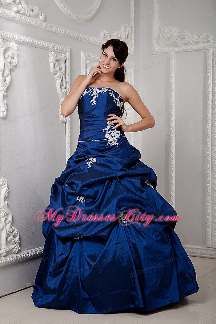 Plus Size Strapless Appliques Sleeveless Blue Quinceanea Dress