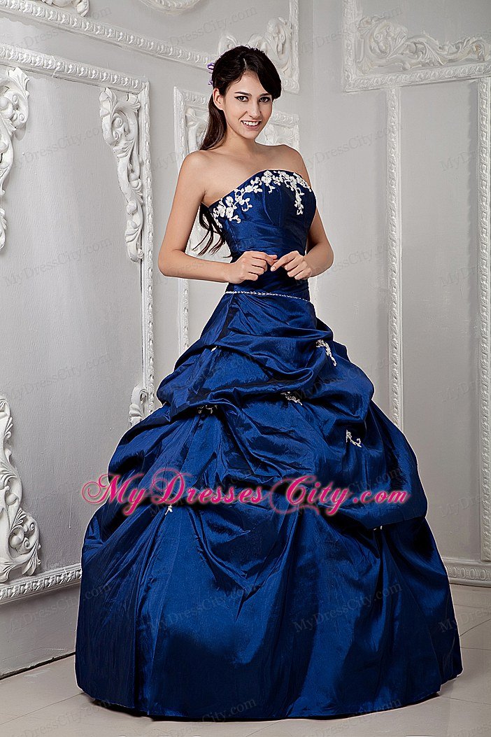 Plus Size Strapless Appliques Sleeveless Blue Quinceanea Dress