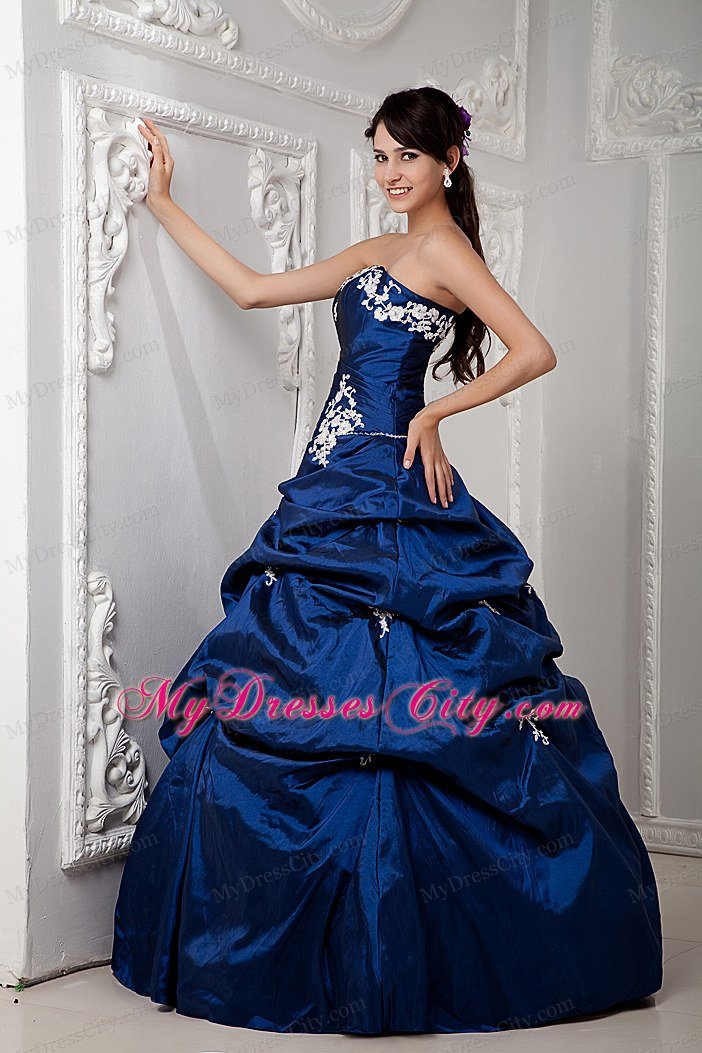 Plus Size Strapless Appliques Sleeveless Blue Quinceanea Dress